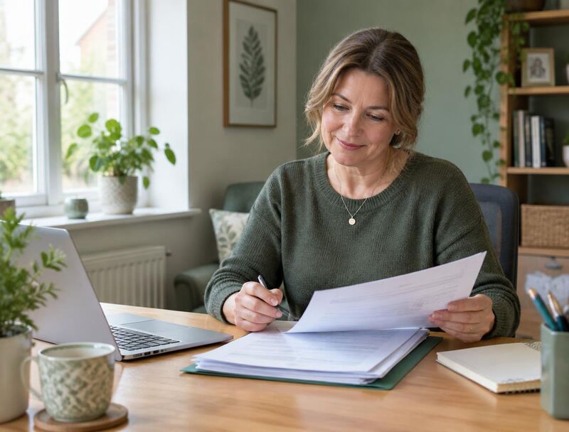 A support worker calmly reviewing a client's paperwork