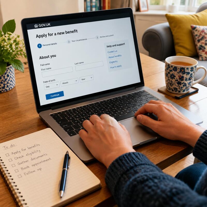 Someone completing a benefit application form on a laptop at home