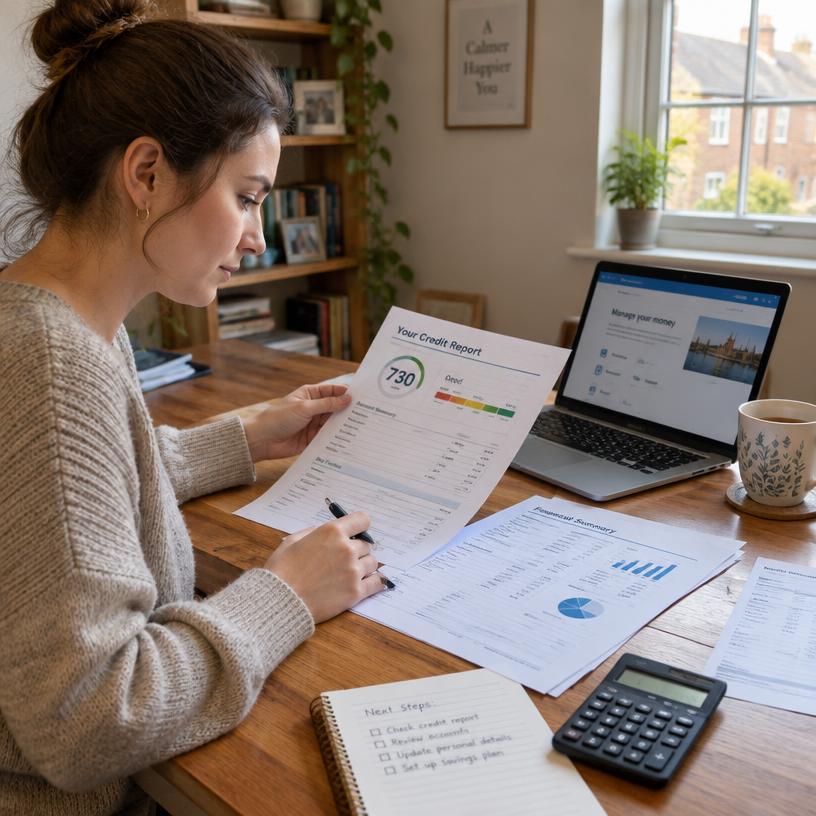 A person reviewing a printed credit report and financial documents at a desk