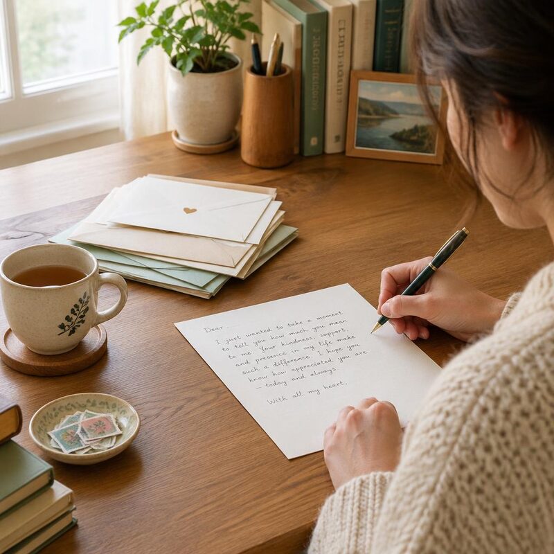 A person writing a letter at a tidy desk with envelopes and tea